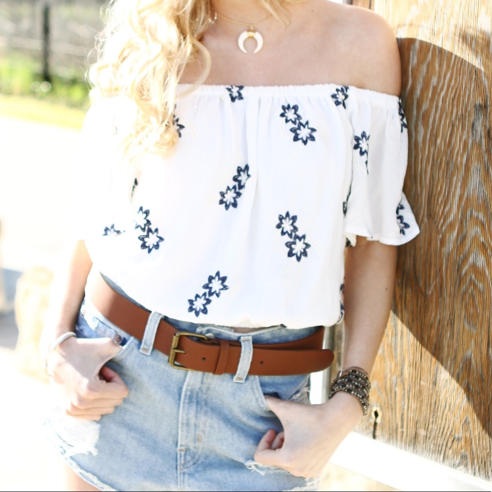 Free People Embroidered White Off Shoulder Top